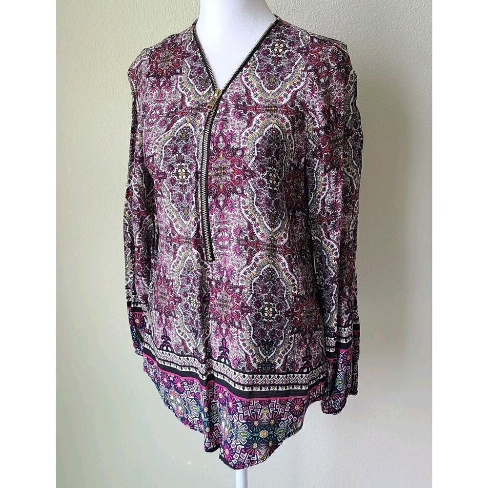 Eclectic Funky Zipper Womens Shirt Colorful Paisley Pink Balloon Sleeve Artsy
